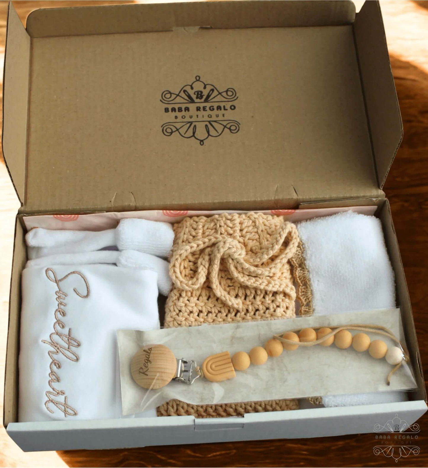 Gift Box | Diaper Cover, Socks, Burp Cloth, Baby Grow & Dummy Clip - Baba Regalo Boutique