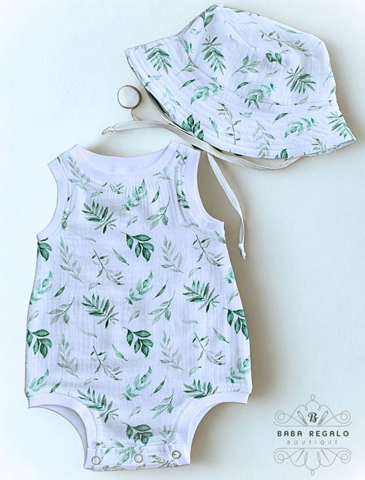 Soft Muslin Cotton Baby Romper & matching Bucket Hat Set