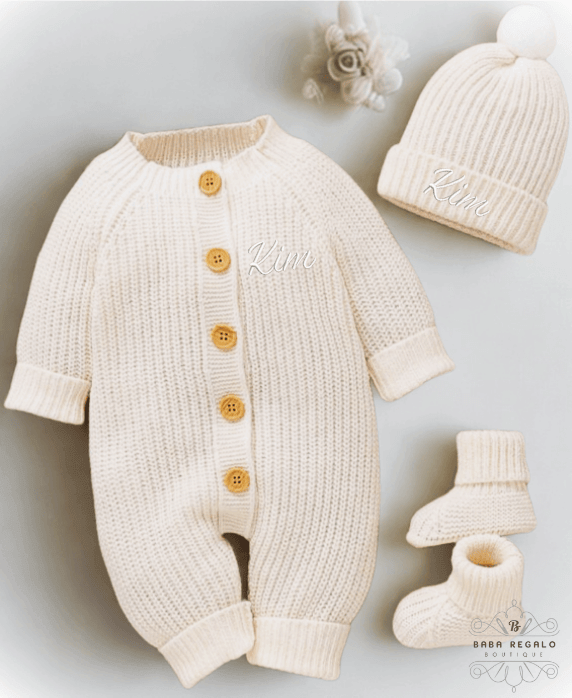 Custom Name Baby Sweater Romper + Newborn Shoes + Cute Hat