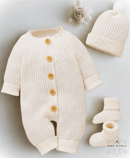 Custom Name Baby Sweater Romper + Newborn Shoes + Cute Hat
