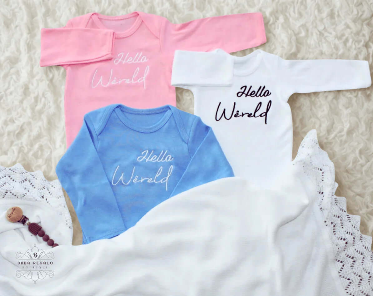 Hello World - Pink, Blue & White - Soft Cotton Baby Clothes