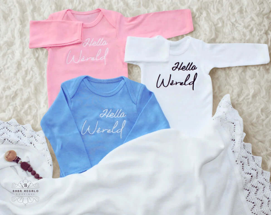 Hello World - Pink, Blue & White - Soft Cotton Baby Clothes