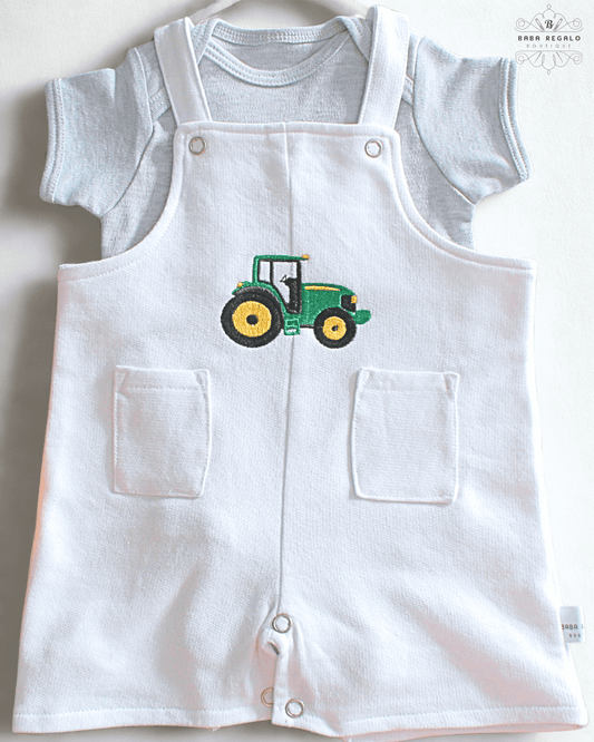 Adorable white cotton baby romper with tractor