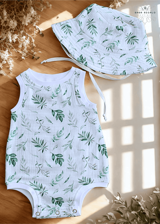 Soft Muslin Cotton Baby Romper & matching Bucket Hat Set